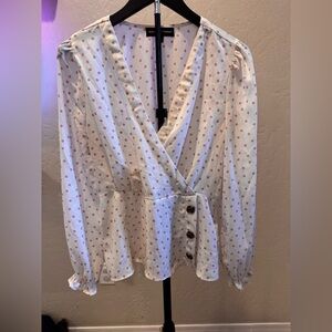 Almost Famous White Wrap Blouse with Pink Polka Dots